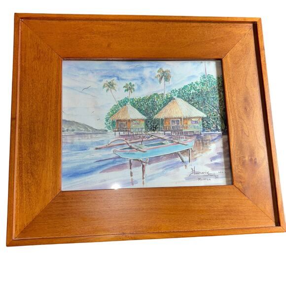 Original Framed Watercolor Painting signed tropical scene Polynesian - Picture 1 of 7